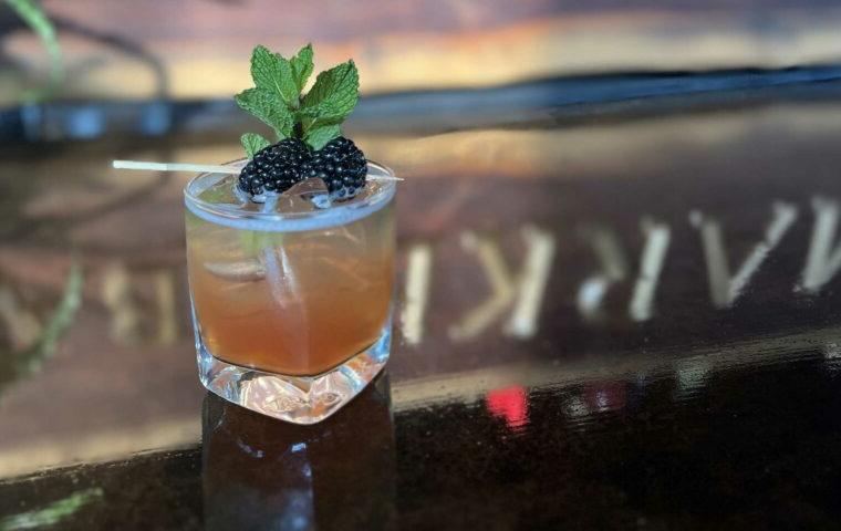 nonalcoholic cocktail sits on a bar